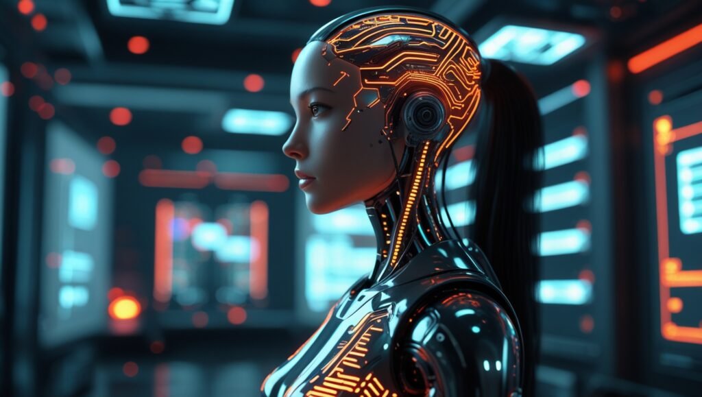 Mujer cyborg representando el desarrollo de chatbots con IA para empresas en Chile.